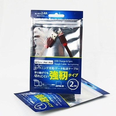 Window Packaging Bag for USB Charge & Sync Touch Cable Resealable Zipper Top Custom Ziplock Plastic Bags with Hang Hole